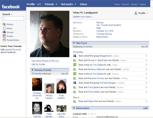 Stian M. Landgaards Facebook-profil 6. mai 2007.